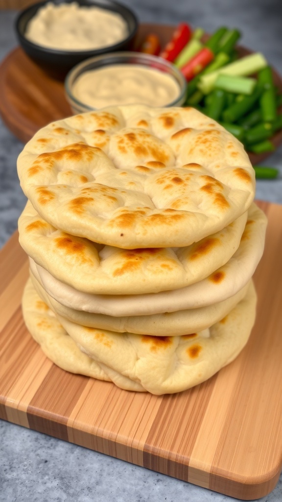 Freshly baked pita bread stacked on a cutting board with hummus and vegetables in the background.